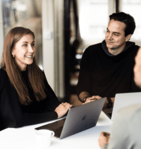 Product Lead SEO Caroline Hansson and Team Lead Data/Analysis Daniel Bengtsson in the Stockholm offices